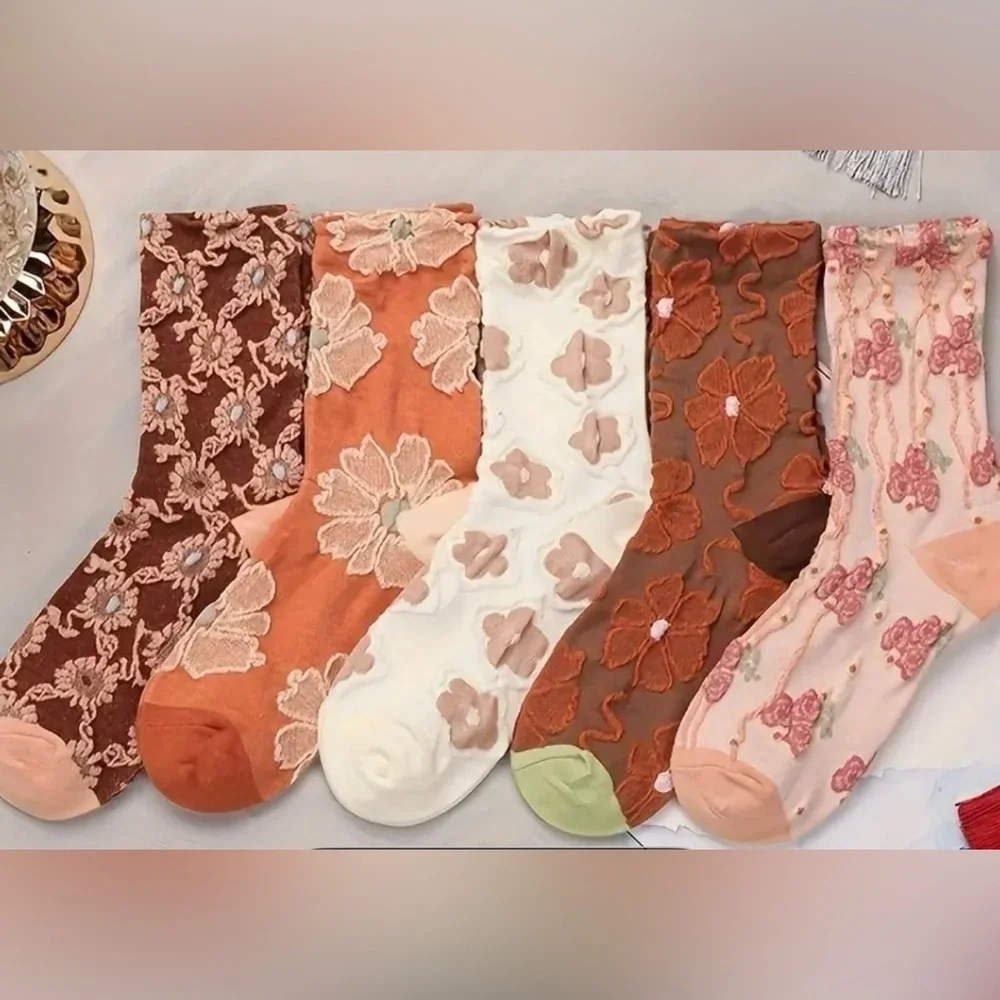 Floral Patterned Women's Socks Set - Orange, Cream, Brown